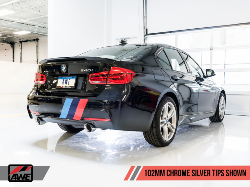 AWE Tuning BMW F3X 340i Touring Edition Axle-Back Exhaust - Chrome Silver Tips (102mm)